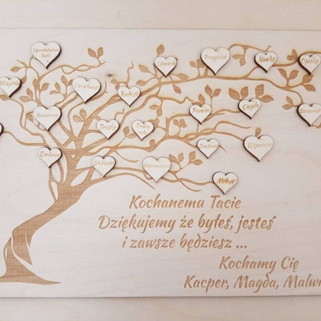 Grawerowana personalizowana tabliczka z drzewem od Oli Art : prezent z okazji dnia ojca. Drewniana, ręcznie robiona,z grawerem. Personalizowana skrzynka UK