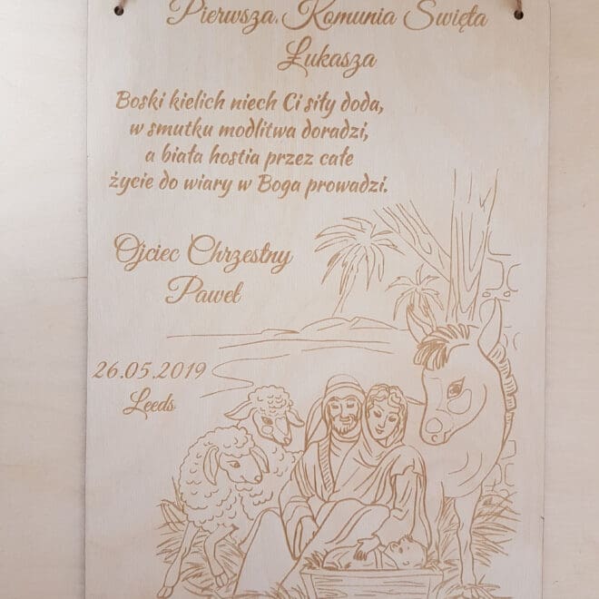 Personalizowana Pamiątka Pierwszej Komunii Świętej Tabliczka drewniana z grawerem