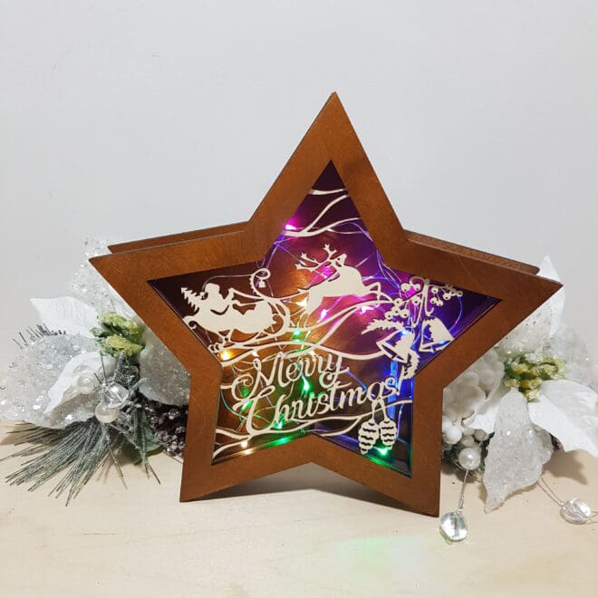 Drewniana gwiazda LED Merry Christmas