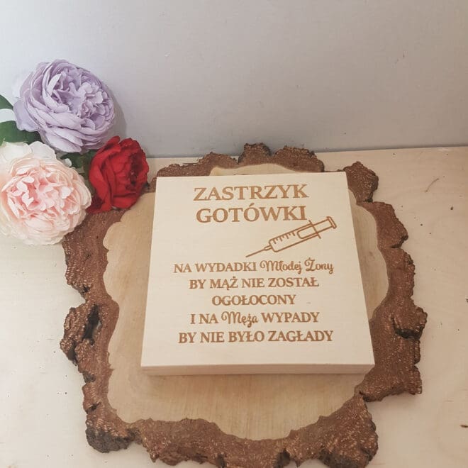 Drewniane pudełko na pieniądze, drewniana koperta na ślub - Zastrzyk gotówki