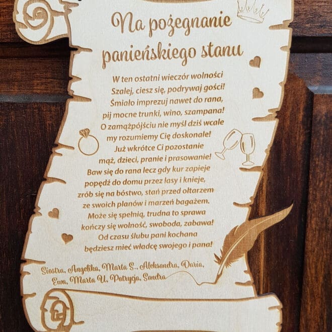 Drewniany grawerowany dyplom certyfikat Prezent na wieczór panieński