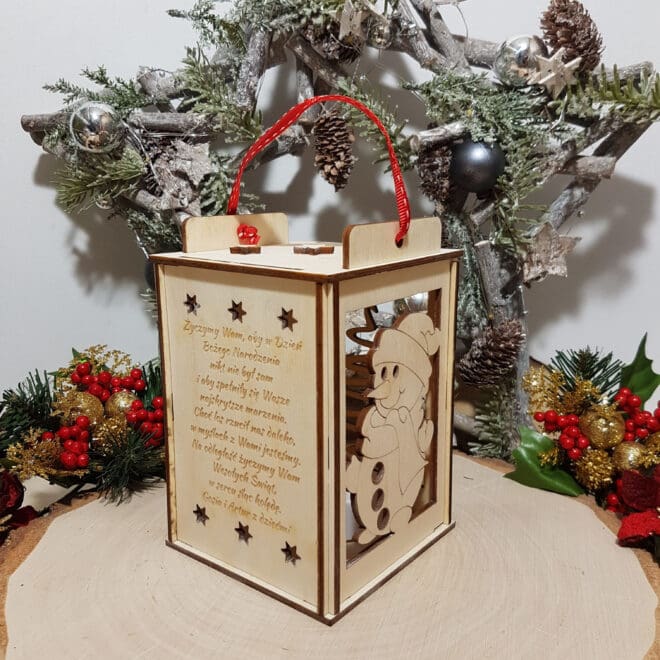 Drewniany lampion Bożonarodzeniowy ze świeczką LED Bałwanek, Choinka i życzenia