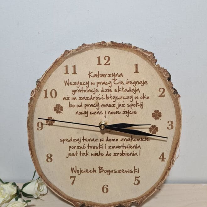 ZEGAR ŚCIENNY NA PLASTRZE BRZOZY PREZENT NA ODEJŚCIE ZPRACY