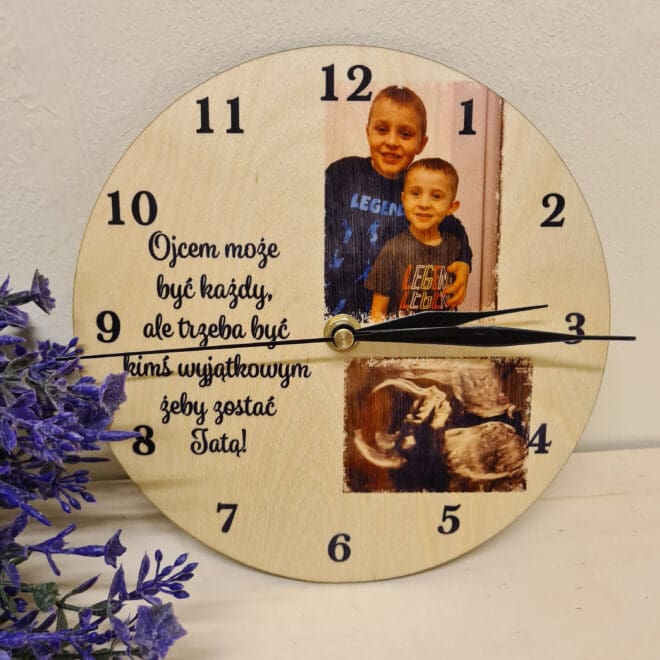 DREWNIANY ZEGAR ŚCIENNY ZE ZDJĘCIEM DLA TATY