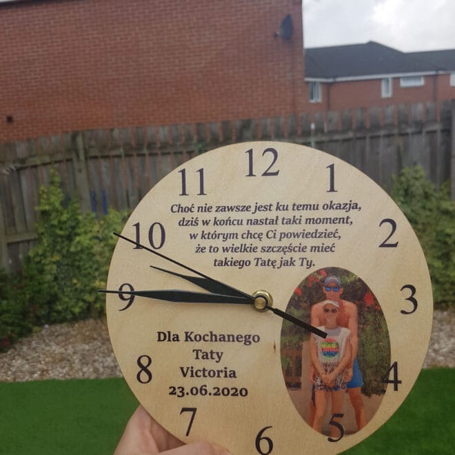 DREWNIANY ZEGAR ŚCIENNY ZE ZDJĘCIEM DLA TATY