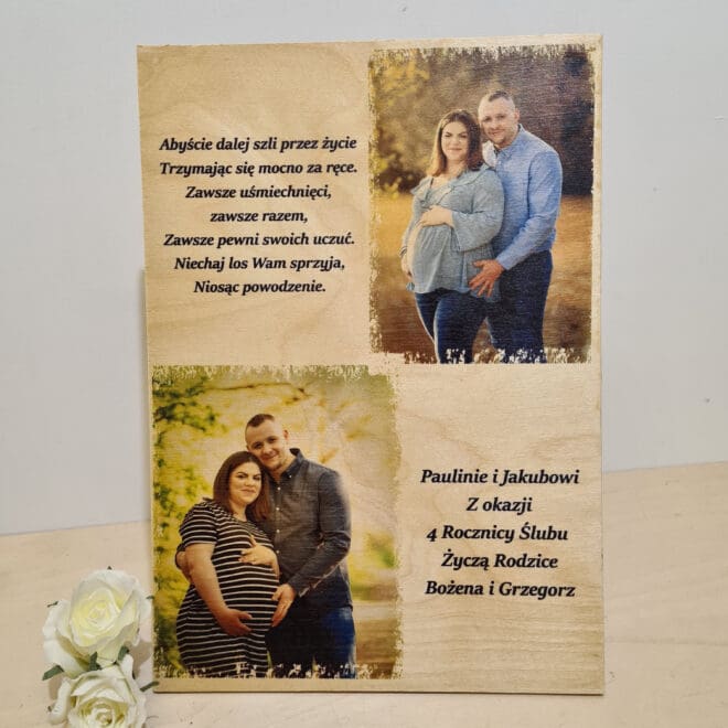 ZDJĘCIE NA DREWNIE Z DEDYKACJĄ PREZENT Z OKAZJI ROCZNICY ŚLUBU