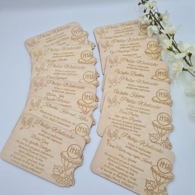 Zaproszenie na Pierwszą Komunię Świętą – Drewniane, Personalizowane