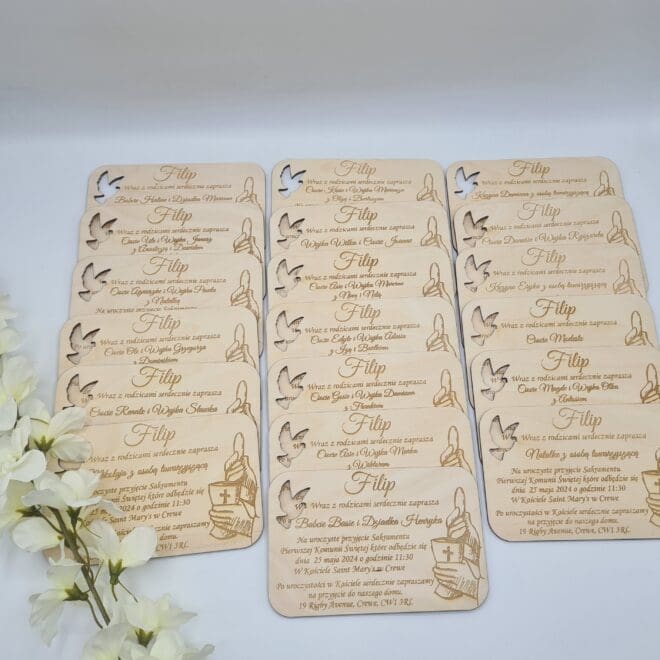 Zaproszenie na Pierwszą Komunię Świętą – Drewniane, Personalizowane