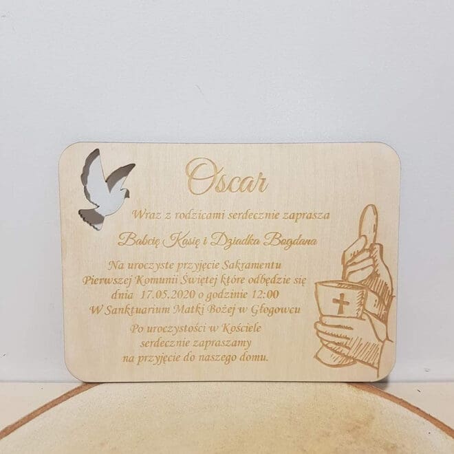 Zaproszenie na Pierwszą Komunię Świętą – Drewniane, Personalizowane