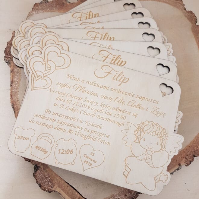 ZAPROSZENIE DREWNIANE NA CHRZEST personalizowane DUŻE