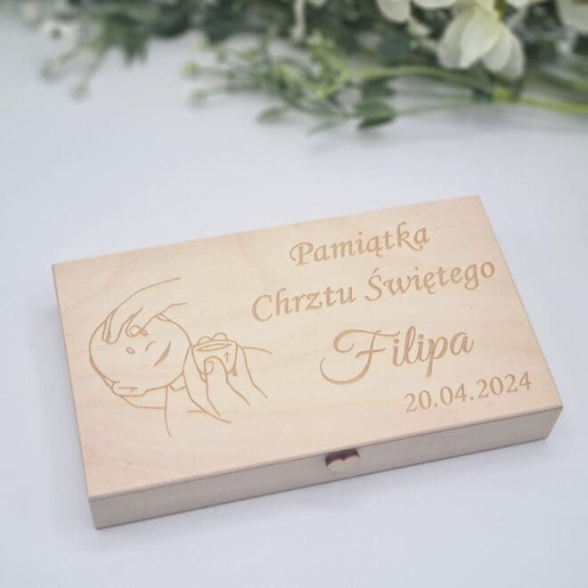 Drewniane pudełko na pieniądze, Drewniana koperta, Pamiątka Chrztu Świętego