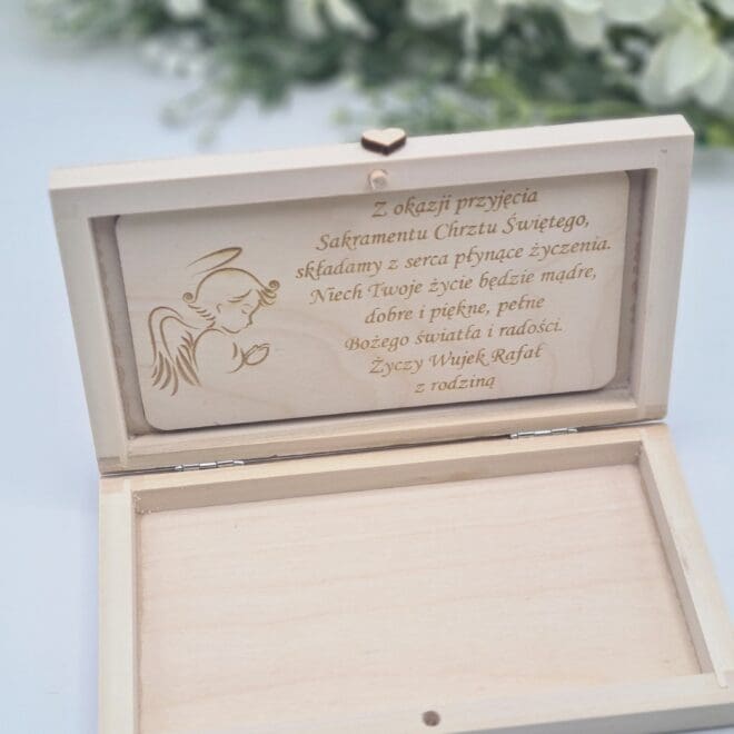 Drewniane pudełko na pieniądze, Drewniana koperta, Pamiątka Chrztu Świętego