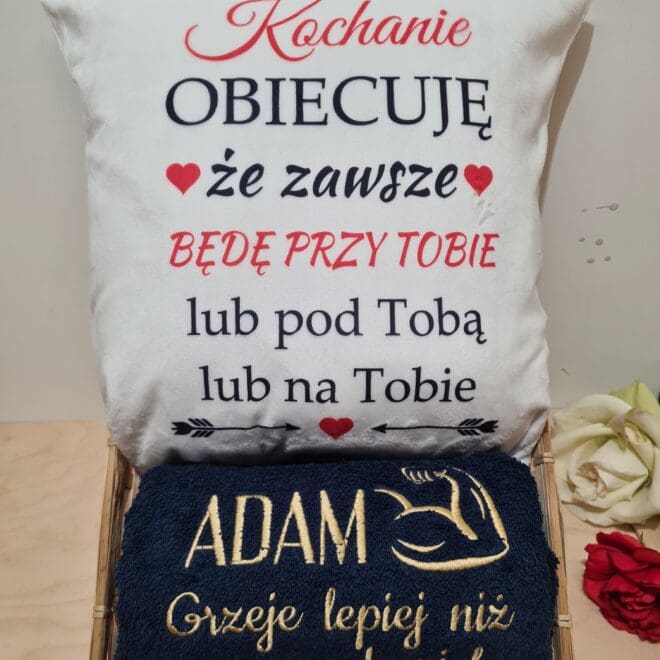 Zestaw Poduszka z nadrukiem i ręcznik kąpielowy - Kochanie obiecuję