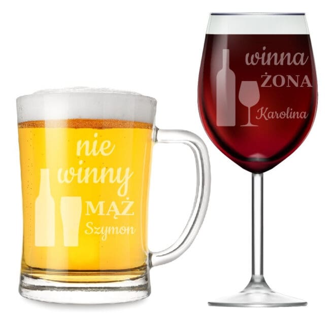 Kieliszek do wina i kufel do piwa z grawerem - prezent dla pary "Nie winny mąż / Winna żona"