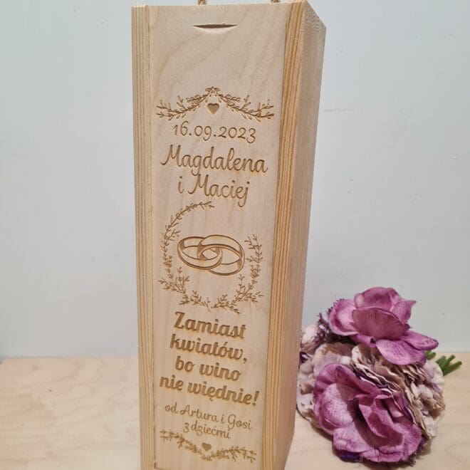 Skrzynka na wino prezent ślub wesele z grawerem - Zamiast kwiatów bo wino nie więdnie