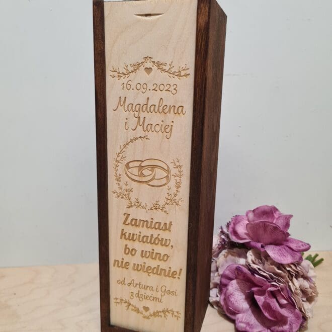 SKRZYNKA NA WINO PREZENT ŚLUB WESELE Z GRAWEREM - Zamiast kwiatów bo wino nie więdnie