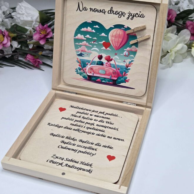 Drewniane pudełko na pieniądze, drewniana koperta na ślub Just married