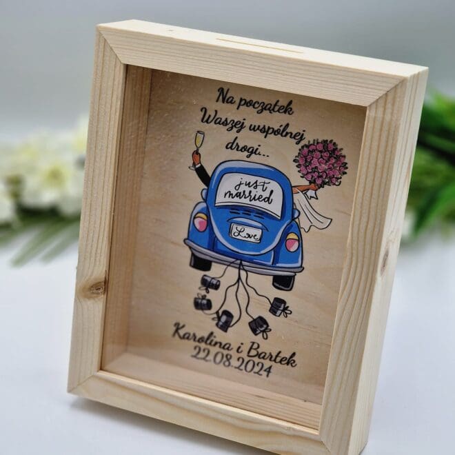 Skarbonka 3D drewniana z szybką Pamiątka Ślubna "Na początek Waszej wspólnej drogi..."