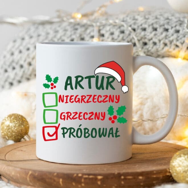 KUBEK ŚWIĄTECZNY Z IMIENIEM "NIEGRZECZNY GRZECZNY PRÓBOWAŁ"