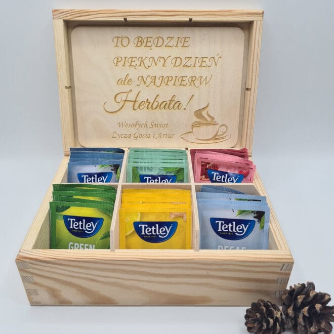 HERBACIARKA Z GRAWEREM, DREWNIANA PERSONALIZOWANA SKRZYNKA NA HERBATĘ Prezent na Święta