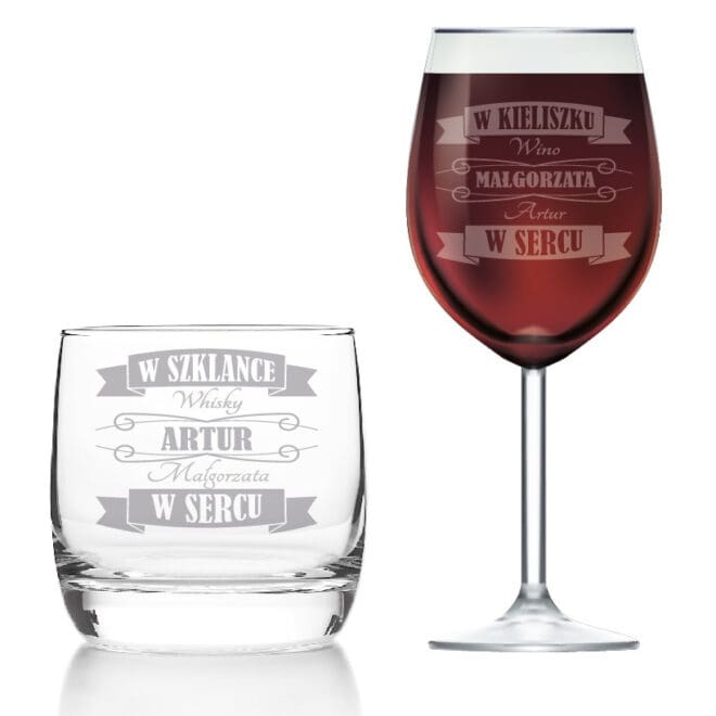Kieliszek do wina i szklanka do whisky z grawerem - W szklance whisky w sercu