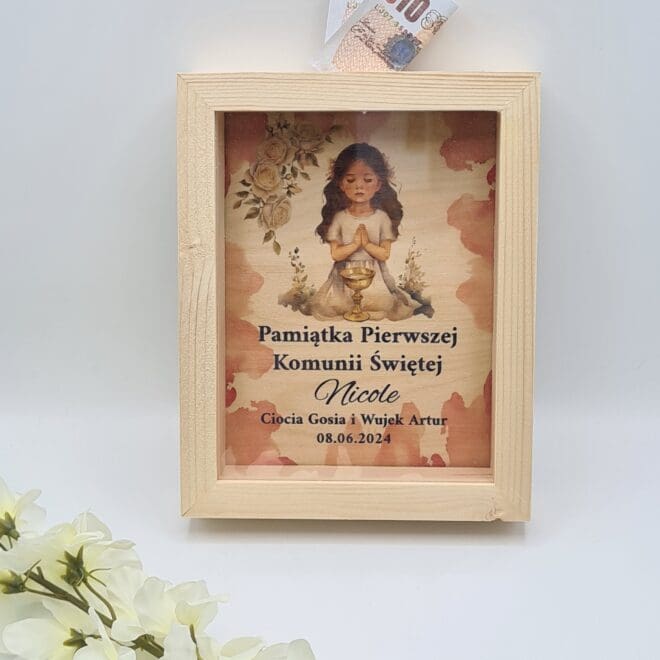 Pamiątka Pierwszej Komunii Świętej skarbonka dziewczynka