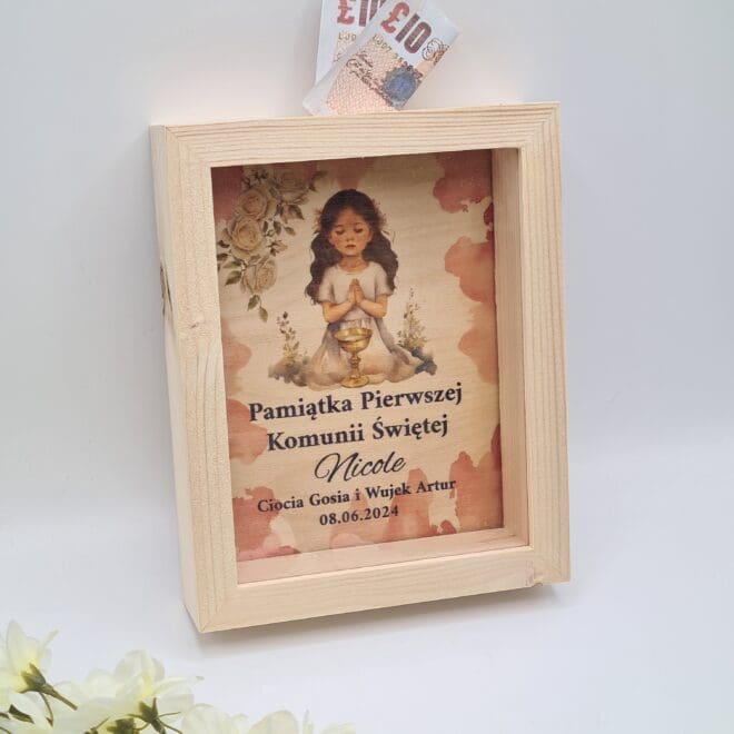 Pamiątka Pierwszej Komunii Świętej skarbonka dziewczynka