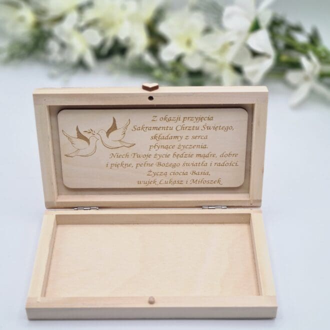 Drewniane pudełko na pieniądze, Drewniana koperta, Pamiątka Chrztu Świętego