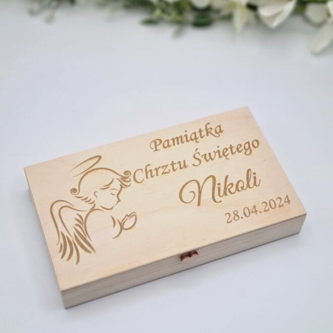 Drewniane pudełko na pieniądze, Drewniana koperta, Pamiątka Chrztu Świętego