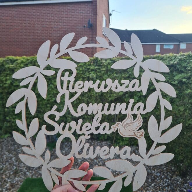 Drewniana obręcz Pierwsza Komunia Święta, dekoracja