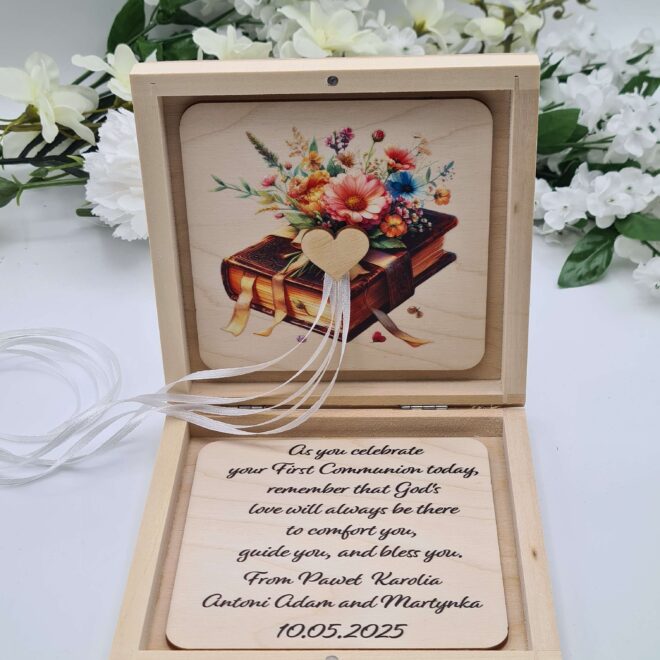 Drewniane pudełko na pieniądze, drewniana koperta Pamiątka Pierwszej Komunii Świętej