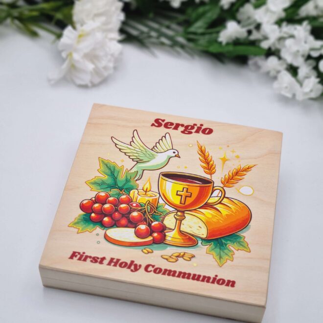 Drewniane pudełko na pieniądze, drewniana koperta Pamiątka Pierwszej Komunii Świętej