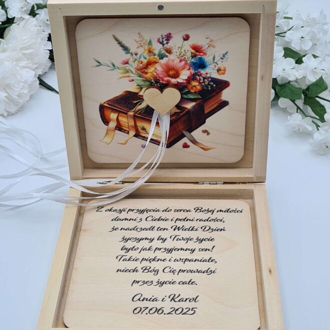 Drewniane pudełko na pieniądze, drewniana koperta Pamiątka Pierwszej Komunii Świętej