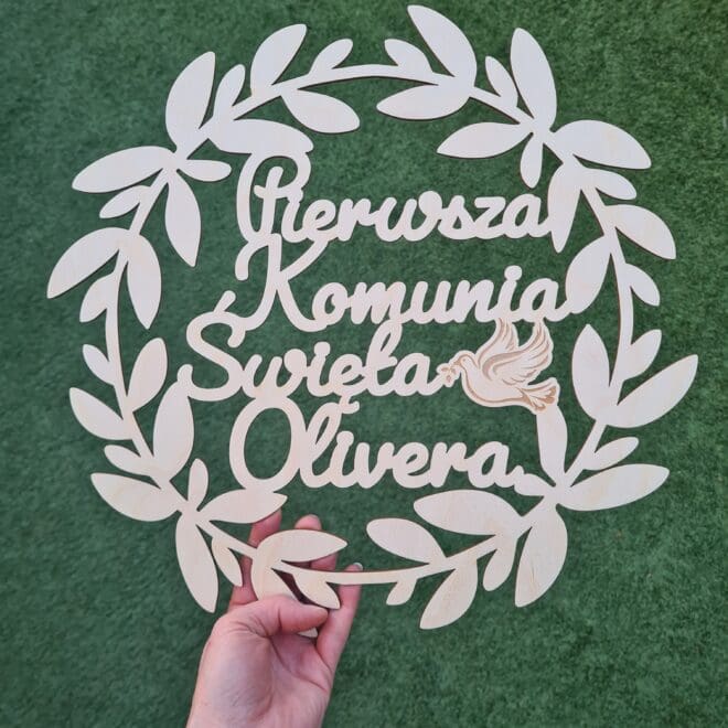 Drewniana obręcz Pierwsza Komunia Święta, dekoracja