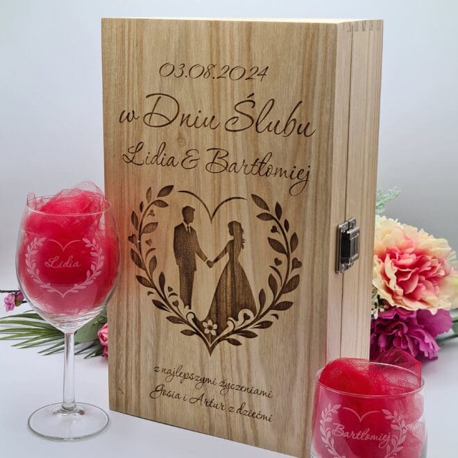 Podwójna skrzynka na alkohol oraz szklanka i kieliszek z grawerem prezent z okazji ślubu "w Dniu Ślubu"