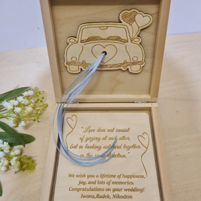 Drewniane pudełko na pieniądze, drewniana koperta na ślub