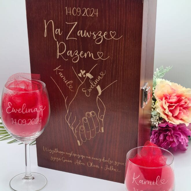 Podwójna skrzynka na alkohol oraz szklanka i kieliszek z grawerem prezent z okazji ślubu "Na Zawsze Razem"