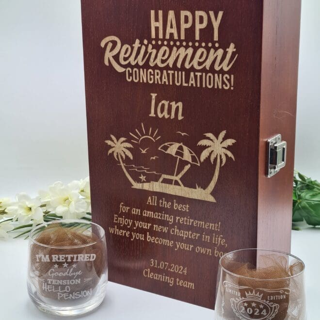 podwojna skrzynka w zestawie ze szkankami prezent z okazji przejscia na emeryture