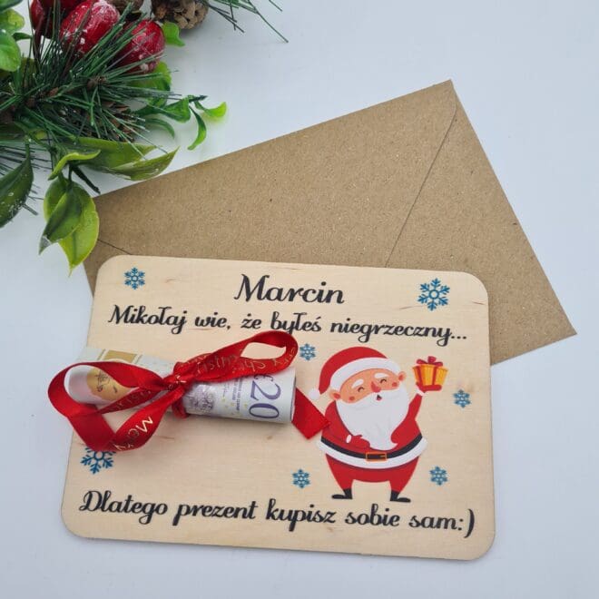 Świąteczny Bon z Personalizacją – Zabawny Prezent na Boże Narodzenie Mikołaj wie że byłeś niegrzeczny... Dlatego prezent kupisz sobie sam:)