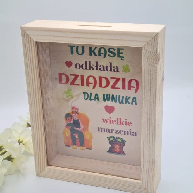 Skarbonka 3D drewniana z szybką Prezent dla dziadka