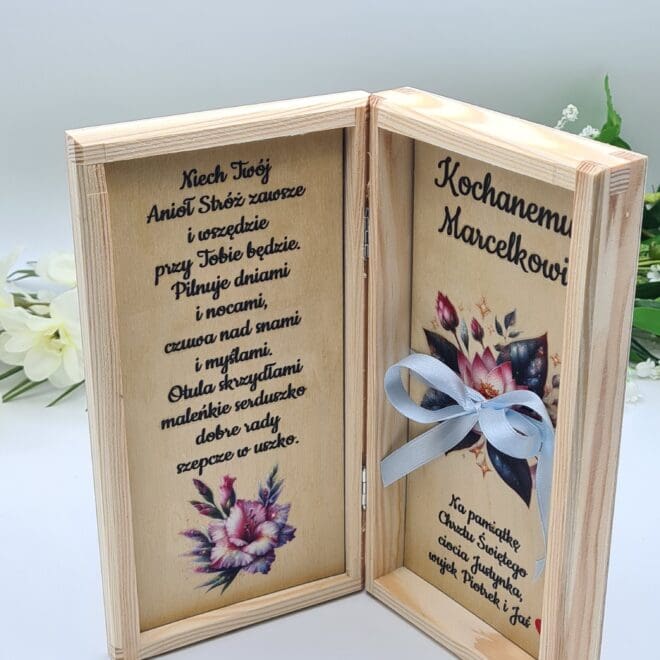 Drewniane pudełko na pieniądze, Drewniana koperta, Pamiątka Chrztu Świętego