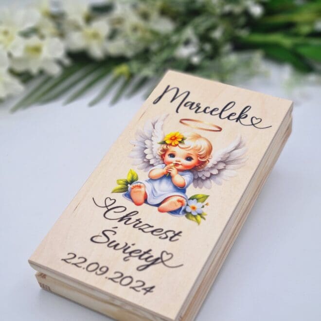 Drewniane pudełko na pieniądze, Drewniana koperta, Pamiątka Chrztu Świętego