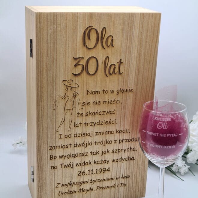 Zestaw skrzynka i kieliszek z grawerem prezeny na urodziny Nam to w głowie się nie mieści że skończyłaś lat