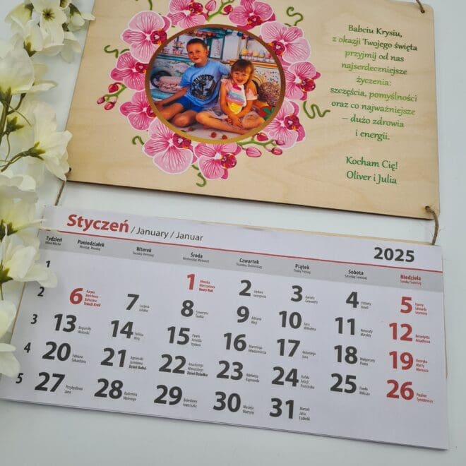Drewniany Kalendarz ze zdjęciem na dzień babci dziadka na nowy rok 2025 "Orchidea"