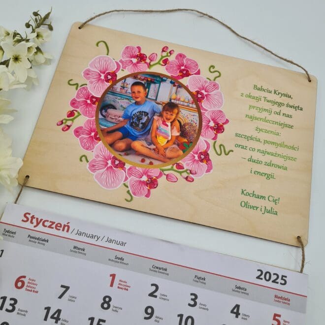 Drewniany Kalendarz ze zdjęciem na dzień babci dziadka na nowy rok 2025 "Orchidea"