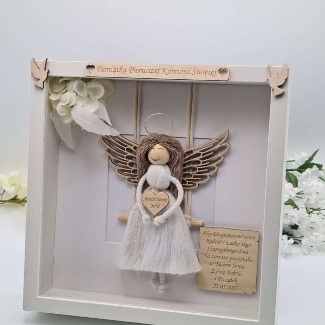 Pamiątka Pierwszej Komunii Świętej Anioł makrama w ramce Dziewczynka