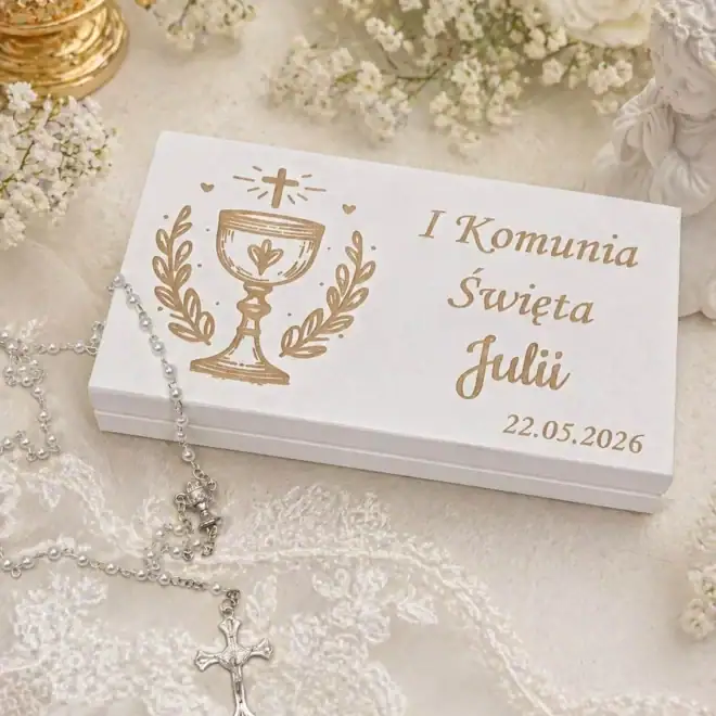 Pudełko prezent na Komunię z grawerem personalizowana pamiątka komunijna